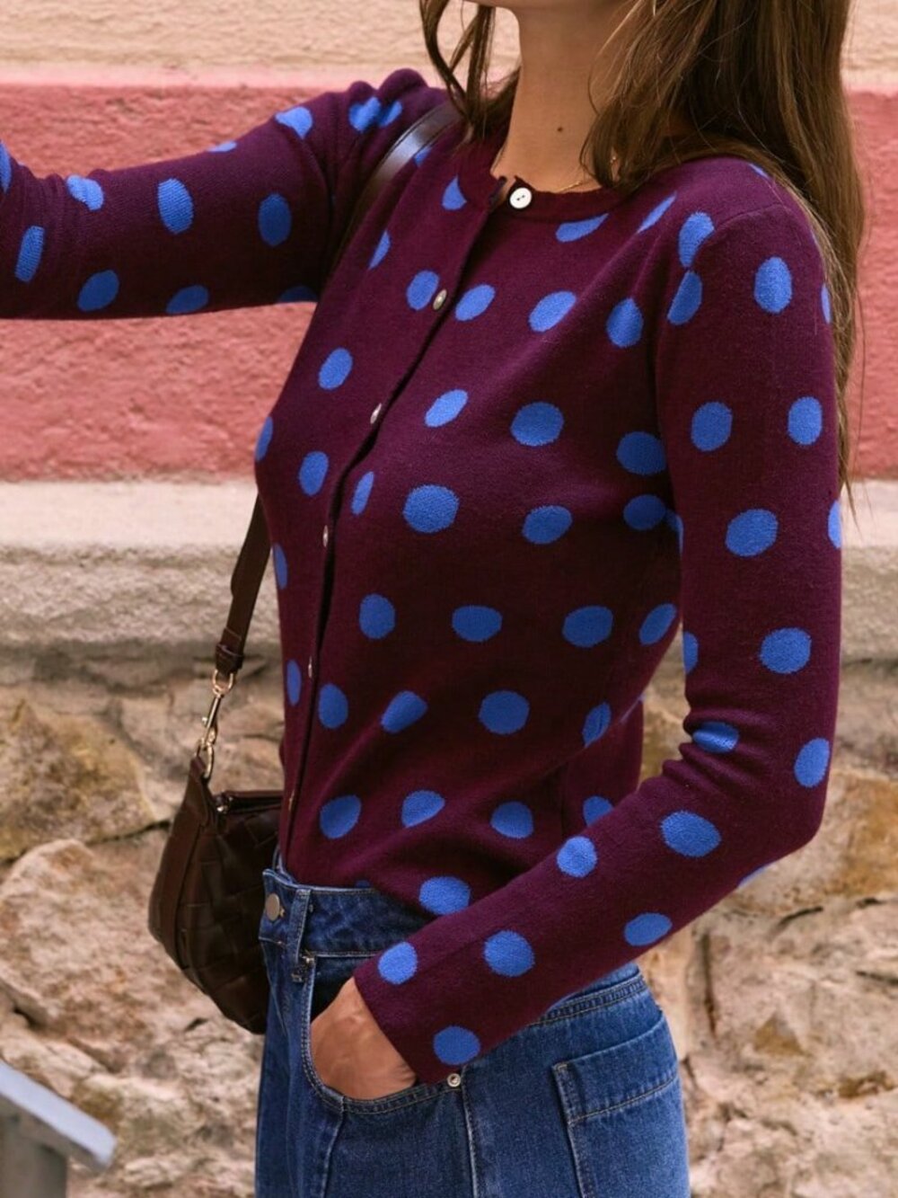 Multicolor Casual Women's Polka Dot Button Front Pocket Knit Cardigan